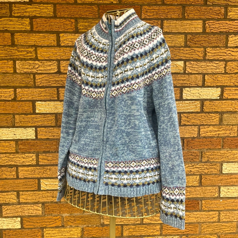 Vintage Fair Isle Zip Up Sweater | Baby Blue Patterned Vintage Jacket | Cozy
